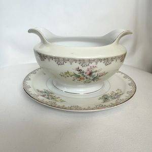 Marvelous Vintage Gold Hand Painted Gravy Boat W/ Attached Under Plate